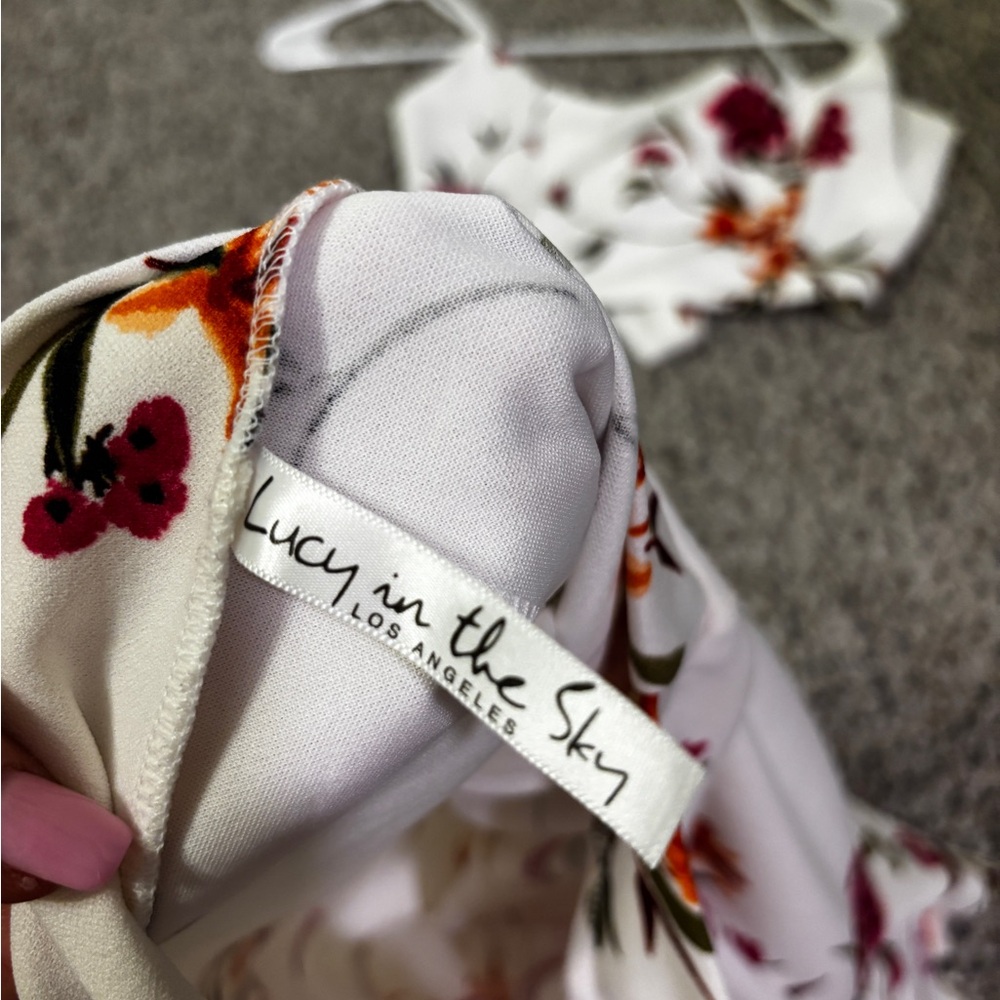 Lucy in the Sky White Dress with Red and Orange Floral Pattern